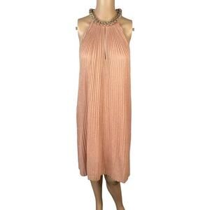 Nenette Milano $295 Pink Pleated High Neck Chain Choker Shift Dress SZ S